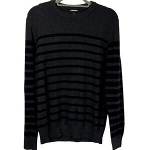 Express Sweater Pullover Crew Neck Gray w Black Stripes Cotton Mens Size Medium